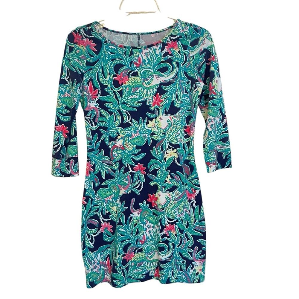 Lilly Pulitzer Marlowe T-shirt Dress Size XS Blue Green Floral 3/4 Sleeve Cotton